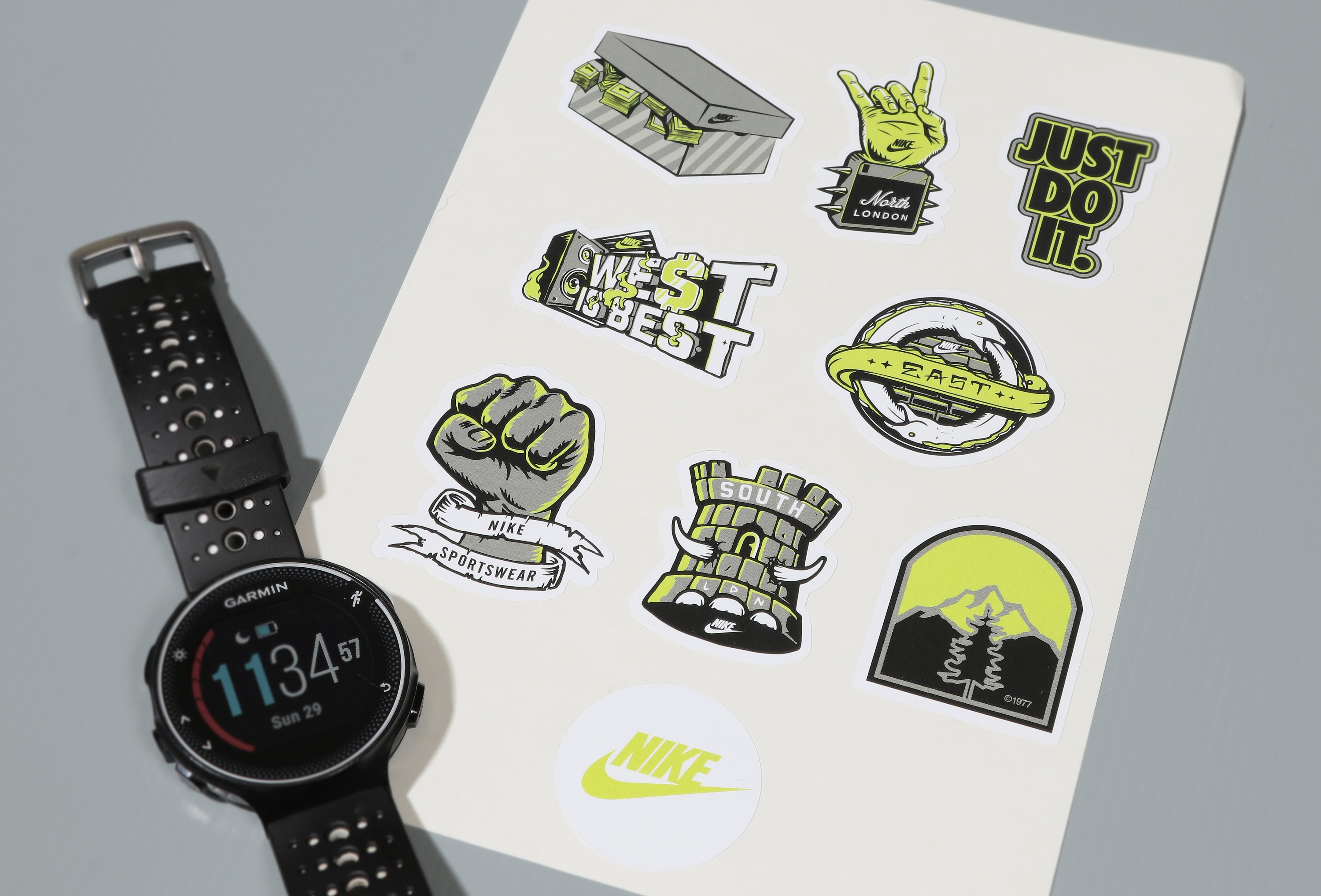 Nike branded stickers and smart watch