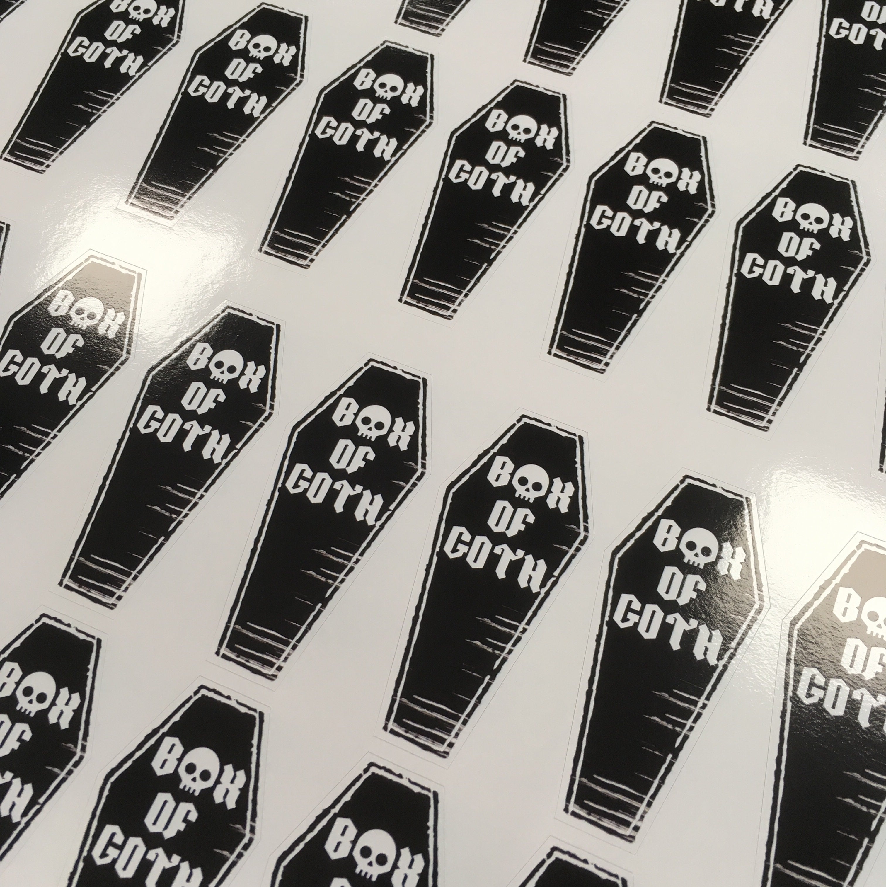 box of goth coffin stickers